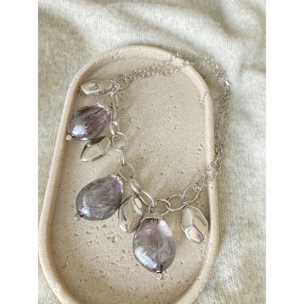 Chunky Collar Necklace Smoky Gray Bead Dangle Statement‎ Leaf Charm Silver Tone